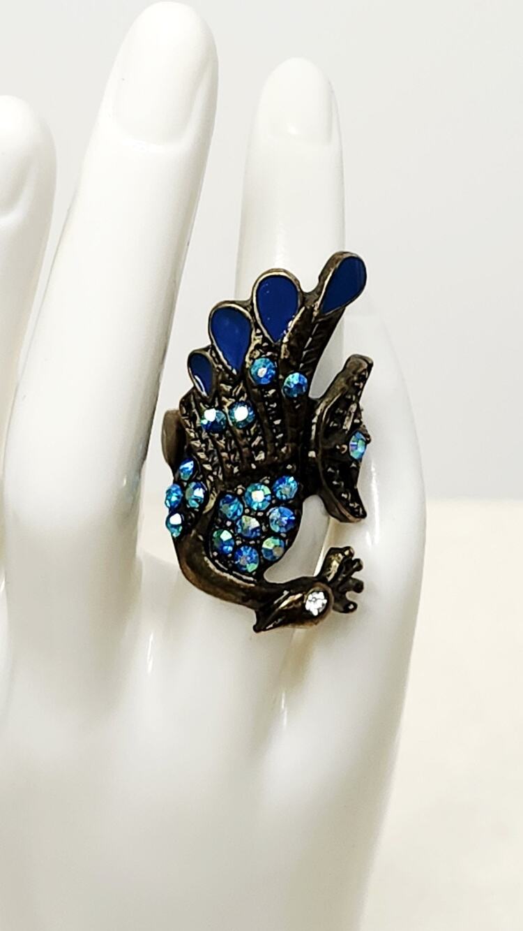 Vintage-style Peacock Wrap Ring Aurora Borealis Rhinestones, Blue Enamel Accents